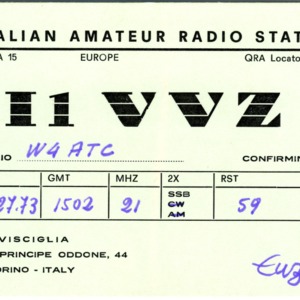 QSL Card from I1VVZ, Torino, Italy, to W4ATC, NC State Student Amateur Radio
