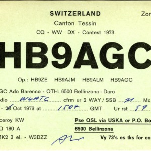 QSL Card from HB9AGC, Bellinzona, Switzerland, to W4ATC, NC State Student Amateur Radio