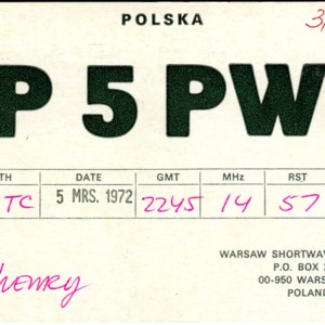 QSL Card from SP5PWK, Warszawa, Poland, to W4ATC, NC State Student Amateur Radio