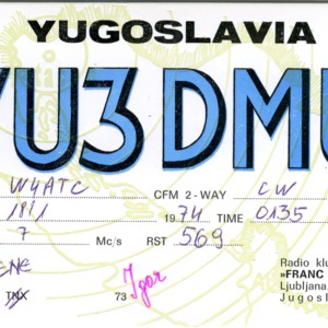 QSL Card from YU3DMU, Ljubljana, Yugoslavia, to W4ATC, NC State Student Amateur Radio