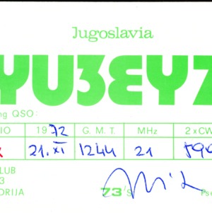 QSL Card from YU3EYZ, Idrija, Yugoslavia, to W4ATC, NC State Student Amateur Radio