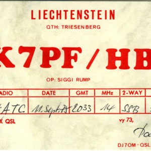 QSL Card from DK7PF/HB0, Triesenberg, Lichtenstein, to W4ATC, NC State Student Amateur Radio
