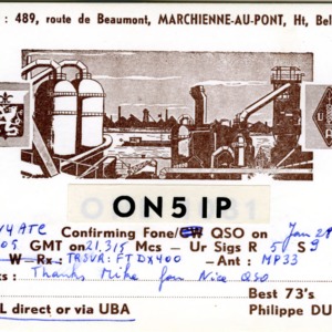 QSL Card from ON5IP, Marchienne-au-Pont, Belgium, to W4ATC, NC State Student Amateur Radio