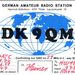 QSL Card from DK9QM, Thul, Germany, to W4ATC, NC State Student Amateur Radio