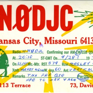 QSL Card from WN0DJC, Kansas City, Mo., to W4ATC, NC State Student Amateur Radio
