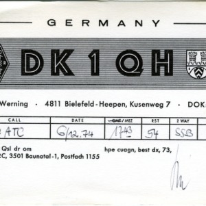 QSL Card from DK1QH, Bielelfeld-Heepen, Germany, to W4ATC, NC State Student Amateur Radio