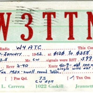 QSL Card from W3TTN, Jeannette, Pa., to W4ATC, NC State Student Amateur Radio