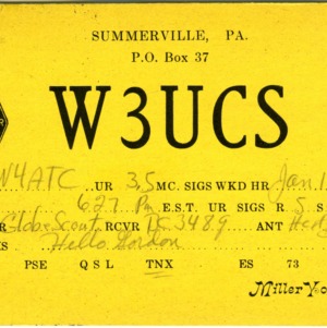 QSL Card from W3UCS, Summerville, Pa., to W4ATC, NC State Student Amateur Radio