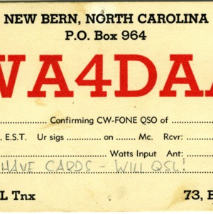 QSL Card from WA4DAA, New Bern, N.C., to W4ATC, NC State Student Amateur Radio