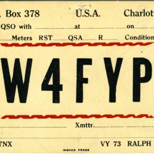 QSL Card from W4FYP, Charlotte, N.C., to W4ATC, NC State Student Amateur Radio