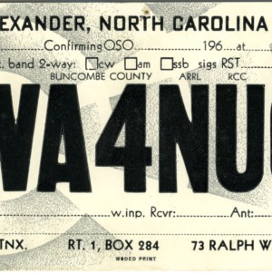 QSL Card from WA4NUO, Alexander, N.C., to W4ATC, NC State Student Amateur Radio