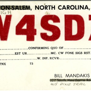 QSL Card from W4SDZ, Raleigh, N.C., to W4ATC, NC State Student Amateur Radio