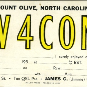 QSL Card from W4COM, Mount Olive, N.C., to W4ATC, NC State Student Amateur Radio
