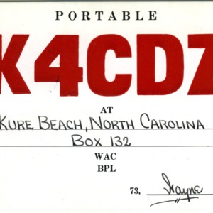 QSL Card from K4CDZ, Kure Beach, N.C., to W4ATC, NC State Student Amateur Radio