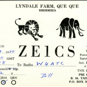 QSL Card from ZE1CS, Que Que, Rhodesia, to W4ATC, NC State Student Amateur Radio