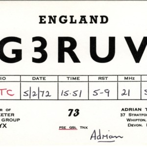 QSL Card from G3RUV, Whipton, England, to W4ATC, NC State Student Amateur Radio