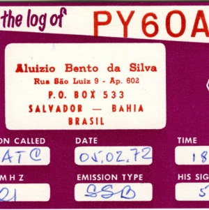 QSL Card from PY60A, Salvador, Brazil, to W4ATC, NC State Student Amateur Radio
