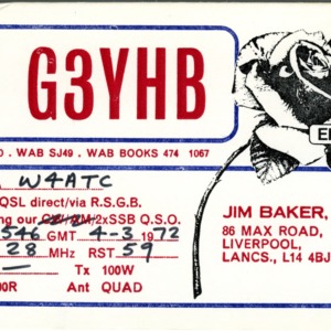 QSL Card from G3YHB, Liverpool, England, to W4ATC, NC State Student Amateur Radio