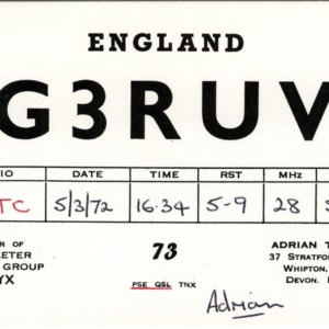 QSL Card from G3RUV, Whiton, England, to W4ATC, NC State Student Amateur Radio