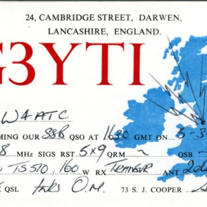 QSL Card from G3YTI, Darwen, England, to W4ATC, NC State Student Amateur Radio