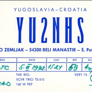 QSL Card from YU2NHS, Beli Manastir, Yugoslavia-Croatia, to W4ATC, NC State Student Amateur Radio