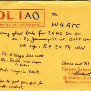QSL Card from DLIAO, Fritzlar, Germany, to W4ATC, NC State Student Amateur Radio