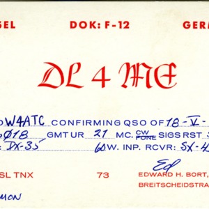 QSL Card from DL4MG, Kassel, Germany, to W4ATC, NC State Student Amateur Radio