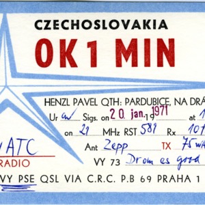 QSL Card from OK1MIN, Praha, Czechoslovakia, to W4ATC, NC State Student Amateur Radio