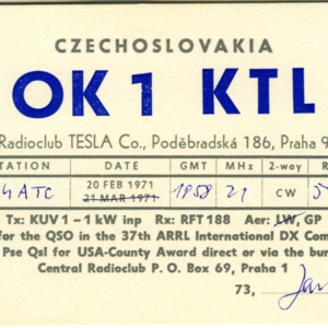 QSL Card from OK1KTL, Praha, Czechoslovakia, to W4ATC, NC State Student Amateur Radio