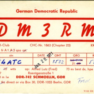 QSL Card from DM3RM, Schmoelln, German Democratic Republic, to W4ATC, NC State Student Amateur Radio