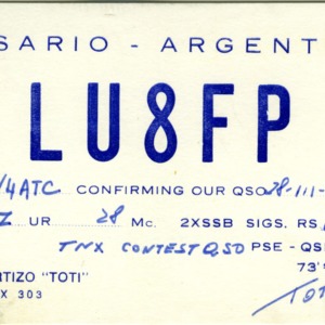 QSL Card from LU8FP, Rosario, Argentina, to W4ATC, NC State Student Amateur Radio