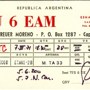 QSL Card from LU 6 EAM, San Isidro, Argentina, to W4ATC, NC State Student Amateur Radio