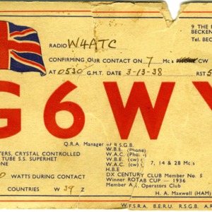 QSL Card from G6WY, Beckenham, England, to W4ATC, NC State Student Amateur Radio