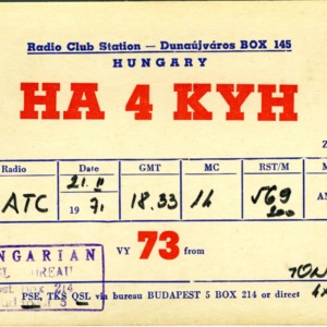 QSL Card from HA4KYH, Dunaujvaros, Hungary, to W4ATC, NC State Student Amateur Radio