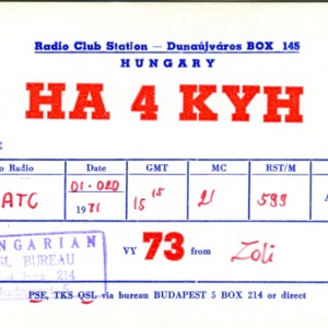 QSL Card from HA4KYH, Dunaujvaros, Hungary, to W4ATC, NC State Student Amateur Radio