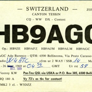 QSL Card from HB9AGC, Bellinzona, Switzerland, to W4ATC, NC State Student Amateur Radio