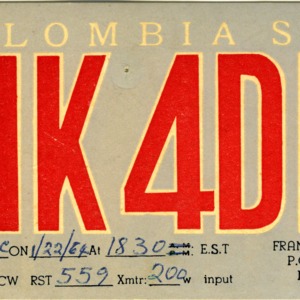 QSL Card from HK4DP, Medellin, Colombia, to W4ATC, NC State Student Amateur Radio