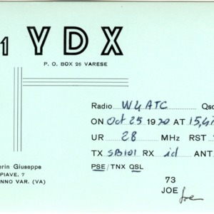 QSL Card from I1YDX, Varese, Italy, to W4ATC, NC State Student Amateur Radio