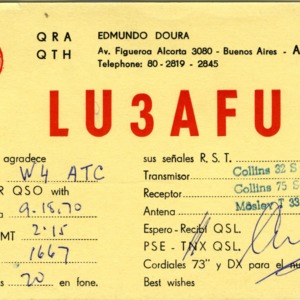 QSL Card from LU3AFU, Buenos Aires, Argentina, to W4ATC, NC State Student Amateur Radio