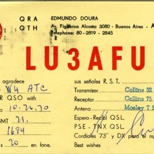 QSL Card from LU3AFU, Buenos Aires, Argentina, to W4ATC, NC State Student Amateur Radio