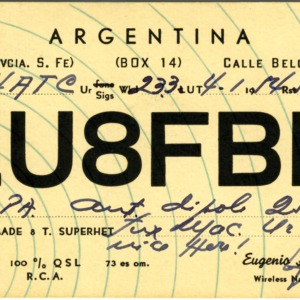QSL Card from LU8FBH, Galvez, Argentina, to W4ATC, NC State Student Amateur Radio