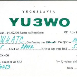 QSL Card from YU3WO, Ravne na Koroskem, Yugoslavia, to W4ATC, NC State Student Amateur Radio