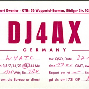 QSL Card from DJ4AX, Wuppertal-Barmen, Germany, to W4ATC, NC State Student Amateur Radio