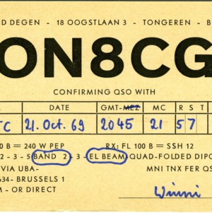 QSL Card from ON8CG, Tongeren, Belgium, to W4ATC, NC State Student Amateur Radio