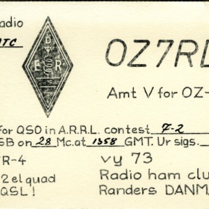 QSL Card from OZ7RD, Randers, Denmark, to W4ATC, NC State Student Amateur Radio