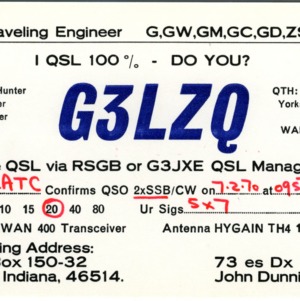 QSL Card from G3LZQ, South Cave, England, to W4ATC, NC State Student Amateur Radio