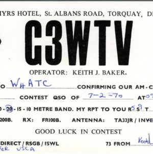 QSL Card from G3WTV, Torquay, England, to W4ATC, NC State Student Amateur Radio