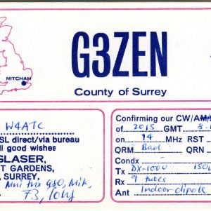 QSL Card from G3zen, Dorset Gardens, England, to W4ATC, NC State Student Amateur Radio