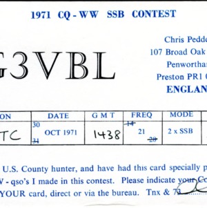 QSL Card from G3VBL, Penwortham, England, to W4ATC, NC State Student Amateur Radio
