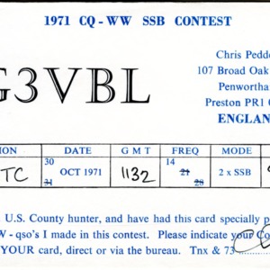 QSL Card from G3VBL, Penwortham, England, to W4ATC, NC State Student Amateur Radio